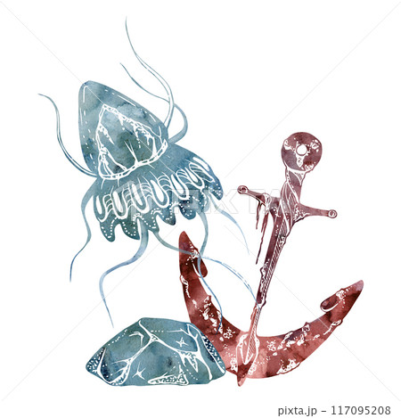 Watercolor and ink hand drawn marine life, sea ocean underwater creatures. fish, shells algae seaweed. Composition illustration, stylized, isolated on white. For zoo shop, aquarium, cosmetics, resort Watercolor and ink hand drawn marine life, sea ocean underwater creatures. fish, shells algae seaweed. Composition illustration, stylized, isolated on white. For zoo shop, aquarium, cosmetics, resort 117095208