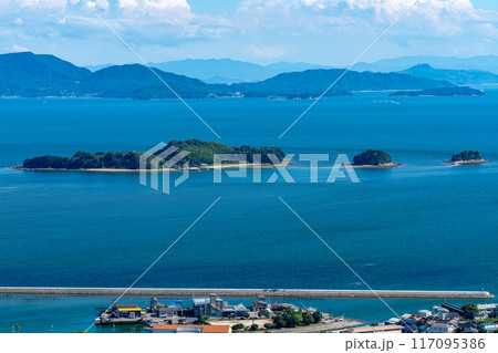 牛窓オリーブ園から見た夏の黒島ヴィーナスロード4　岡山県瀬戸内市 117095386