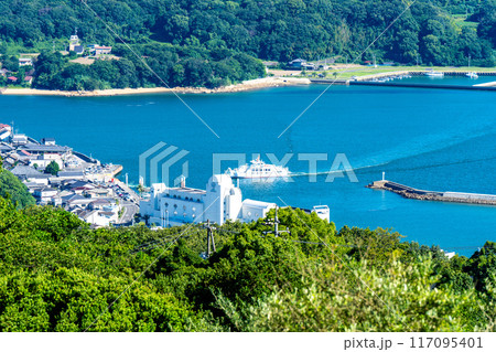 夏の牛窓オリーブ園から見た牛窓港に入港するまえじま丸　岡山県瀬戸内市 117095401