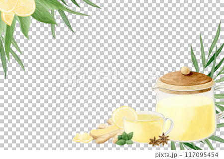 Ginger tea with spearmint and star anise in glass teapot and cup horizontal corner frame watercolor illustration isolated on white. Herbal organic hot drink for healthy recipes or banner templates Ginger tea with spearmint and star anise in glass teapot and cup horizontal corner frame watercolor illustration isolated on white. Herbal organic hot drink for healthy recipes or banner templates 117095454