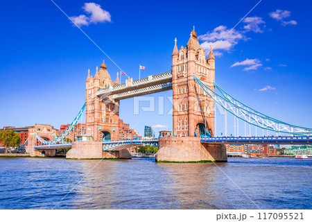 London, England. Tower Bridge, sunny day over River Thames. United Kingdom travel place. 117095521