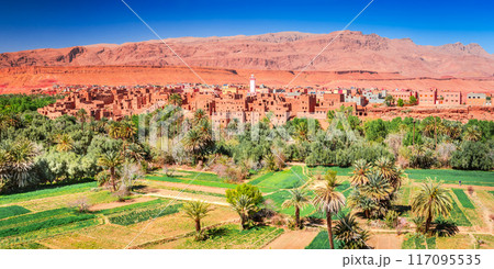 Tinghir, Morocco. Old berber architecture in Todra Oasis, Tagounsa village in Atlas Mountains. Tinghir, Morocco. Old berber architecture in Todra Oasis, Tagounsa village in Atlas Mountains. 117095535