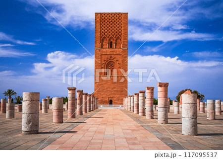 Rabat, Morocco. Hassan Tower, minaret of an incomplete mosque commissioned by Almohad Caliphate in 12th century. 117095537