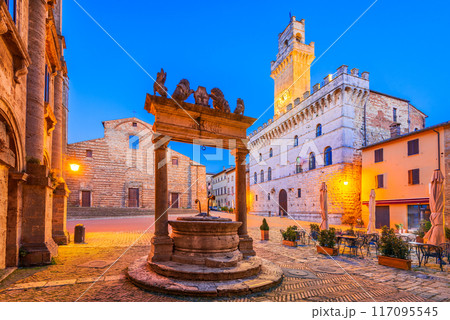 Montepulciano, Tuscany. Beautiful cityscape view on Piazza Grande  with Town Hall, historical Italy small town. Montepulciano, Tuscany. Beautiful cityscape view on Piazza Grande  with Town Hall, historical Italy small town. 117095545