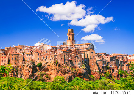 Pitigliano, Italy. Small charming medieval town over tufa cliffside in southern Tuscany, Italy. 117095554