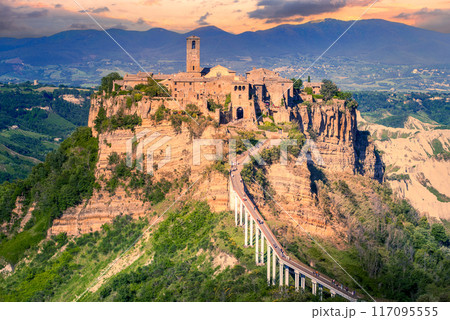 Bagnoregio, Italy. Civita di Bagnoregio, hilltop town founded by Etruscans in Valle dei Calanchi, Viterbo province, Lazio region. 117095555