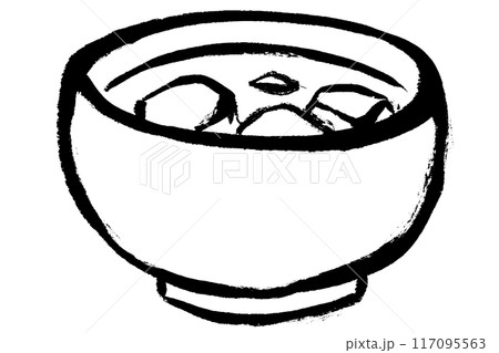 筆タッチの豆腐とわかめの味噌汁のモノクロ線画イラスト 117095563