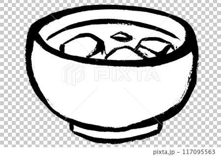 筆タッチの豆腐とわかめの味噌汁のモノクロ線画イラスト 117095563