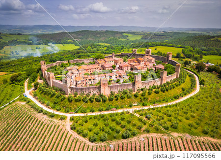 Monteriggioni, Italy. Tuscany scenic landscape with ancient walled city. Monteriggioni, Italy. Tuscany scenic landscape with ancient walled city. 117095566
