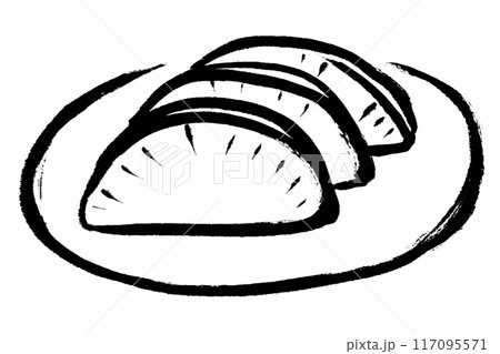 筆タッチの皿にのった沢庵のモノクロ線画イラスト 117095571
