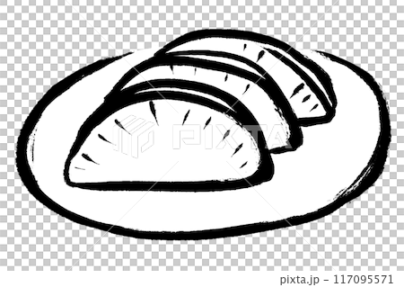 筆タッチの皿にのった沢庵のモノクロ線画イラスト 117095571