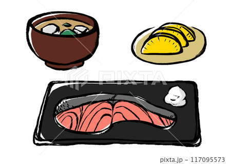 筆タッチの味噌汁と沢庵の焼き鮭の和食イラストセット 117095573