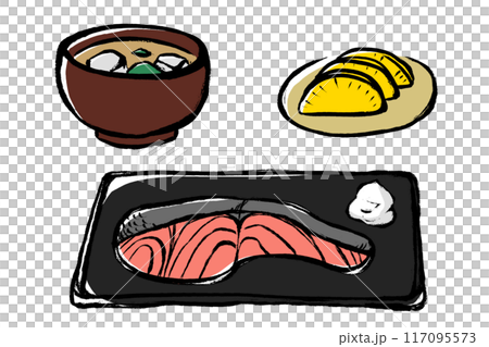 筆タッチの味噌汁と沢庵の焼き鮭の和食イラストセット 117095573