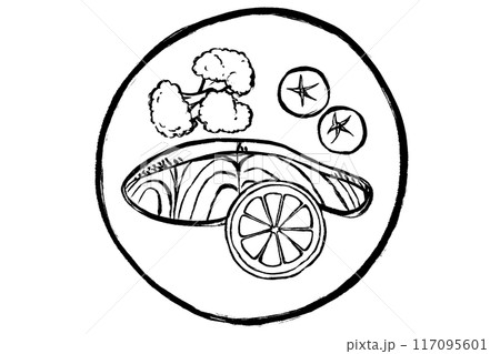 筆タッチの鮭のムニエルのモノクロ線画イラスト 117095601