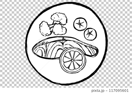 筆タッチの鮭のムニエルのモノクロ線画イラスト 117095601