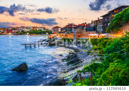 Sozopol, Bulgaria. Idyllic landscape with ancient walls of Apollonia and Black Sea rocky coastline. Sozopol, Bulgaria. Idyllic landscape with ancient walls of Apollonia and Black Sea rocky coastline. 117095610