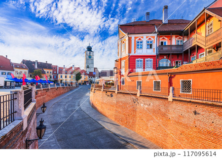 Sibiu, Romania - Historical downtown and Liars Bridge, Transylvania. 117095614