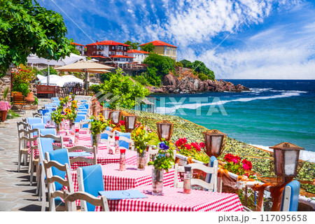 Sozopol, Bulgaria. Charming old town with tavernas on Black Sea coastline 117095658