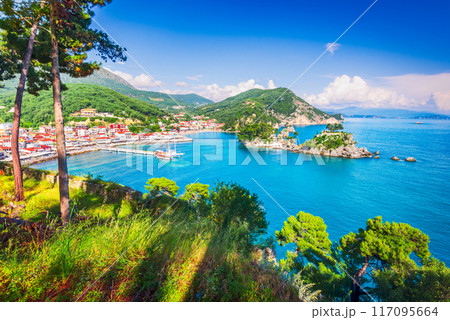 Parga, Greece. Aerial view of beautiful colorful coastal town in Epirus, Greek holidays. 117095664