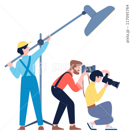 Tv operators and professional photographer shooting. Cameraman crew 117095764