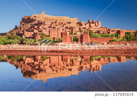 Ait Ben-Haddou, Morocco. Beautiful water reflection, medieval Moroccan ksar High Atlas mountains. 117095814