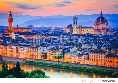 Tuscany, Italy - Florence skyline with Arno River and Palazzo Vecchio. 117095896