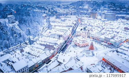 Brasov, Romania. Aerial view of Council Square and Christmas Tree, Transylvania landmark, Eastern Europe 117095917
