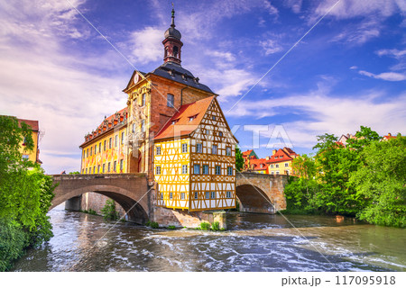 Bamberg, Germay. Beautiful small town of Bavaria, colored sunset sky.. 117095918