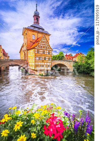 Bamberg, Germay. Beautiful small town of Bavaria, colored sunset sky.. Bamberg, Germay. Beautiful small town of Bavaria, colored sunset sky.. 117095919