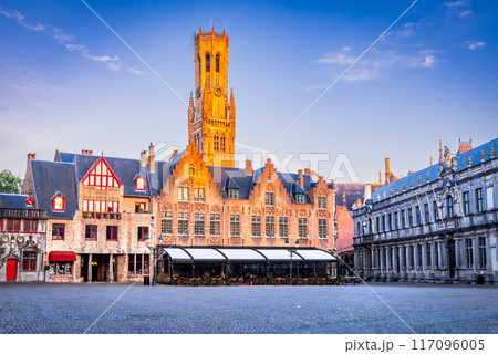 Bruges, Belgium. Sunrise in Burg, Belfry Tower, Flanders travel destination. 117096005