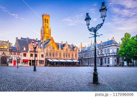 Bruges, Belgium. Sunrise in Burg Square with Belfry, Flanders travel destination. Bruges, Belgium. Sunrise in Burg Square with Belfry, Flanders travel destination. 117096006