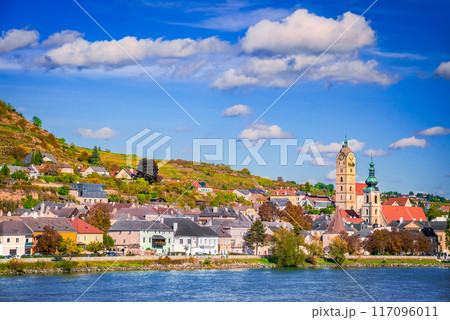 Krems an der Donau, Austria. Wachau Valley on Danube River, autumn colored landscape. Krems an der Donau, Austria. Wachau Valley on Danube River, autumn colored landscape. 117096011