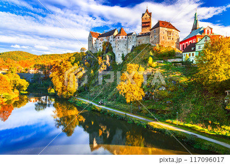 Loket, Czech Republic. Charming town and Ohre River landscape, Bohemia, autumn colors. 117096017