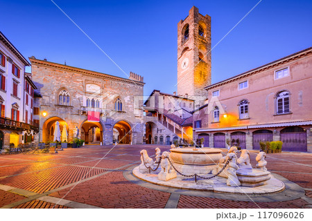 Bergamo, Italy - Piazza Vecchia in Citta Alta at dusk, beautiful historical town in Lombardy 117096026