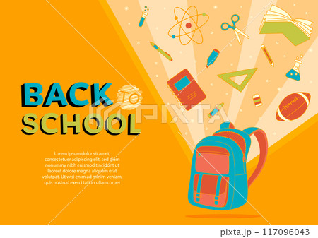 Back to school theme orange background and colorful stationery supplies elements vector illustration Back to school theme orange background and colorful stationery supplies elements vector illustration 117096043