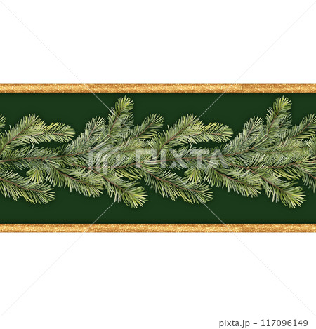 Fir tree garland. Christmas seamless border. Greeting card, winter floral frame. 117096149