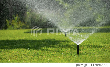Multiple sprinklers watering a lush green lawn on a sunny day Multiple sprinklers watering a lush green lawn on a sunny day 117096348