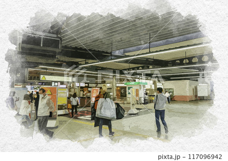 水彩画風　鶴橋　JR鶴橋駅近鉄電車のりかえ改札　大阪府大阪市 117096942