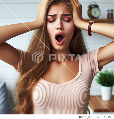 とても大事な事をやり忘れていた事を思い出し頭を抱える女性 117096959
