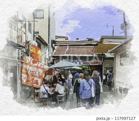 水彩画風　鶴橋　鶴橋商店街　大阪府大阪市 117097127