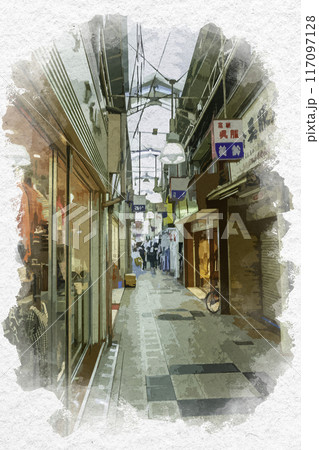 水彩画風 鶴橋 鶴橋商店街 大阪府大阪市のイラスト素材 [117097128