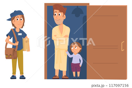 Courier deliver package. Man stand in open door Courier deliver package. Man stand in open door 117097156