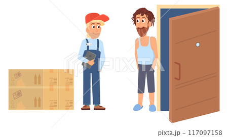 Wooden box delivery to doorstep. Shipping service worker talk with client Wooden box delivery to doorstep. Shipping service worker talk with client 117097158