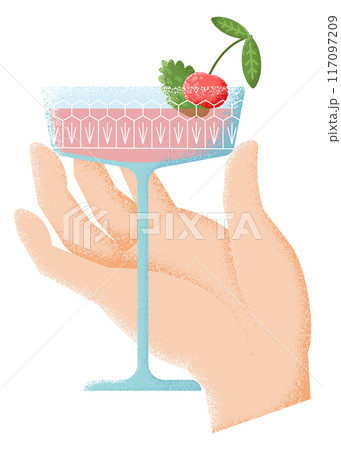Summer cocktail glass in hand. Cosmopolitan drink icon Summer cocktail glass in hand. Cosmopolitan drink icon 117097209