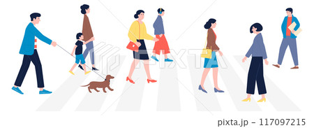 People on crosswalk. Pedestrian walking on urban road zebra People on crosswalk. Pedestrian walking on urban road zebra 117097215