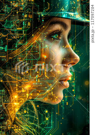 Woman's face with circuit board pattern in the background and woman's face in the foreground. 117097284