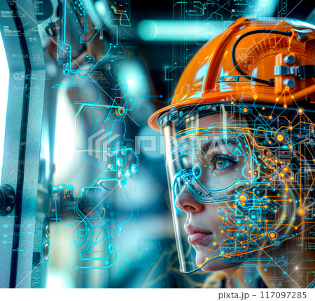 Woman wearing hard hat and glasses in front of computer screen. 117097285