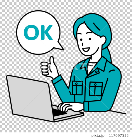 A female worker working on a laptop making an OK sign 117097533