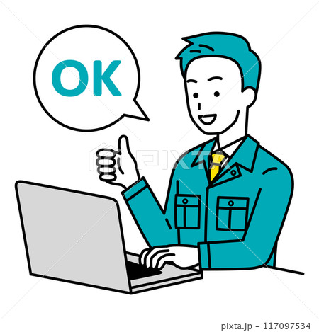 OKサインをするノートパソコンで仕事をしている作業員の男性 117097534
