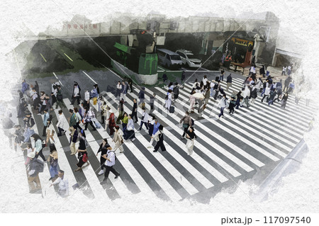 水彩画風　梅田　JR大阪駅　御堂筋横断歩道　大阪府大阪市 117097540